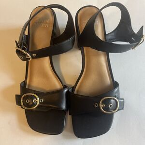 Madden NYC Sandals Women's 10 Black Adelade Gold Buckles 3 Inch Block Heel Work